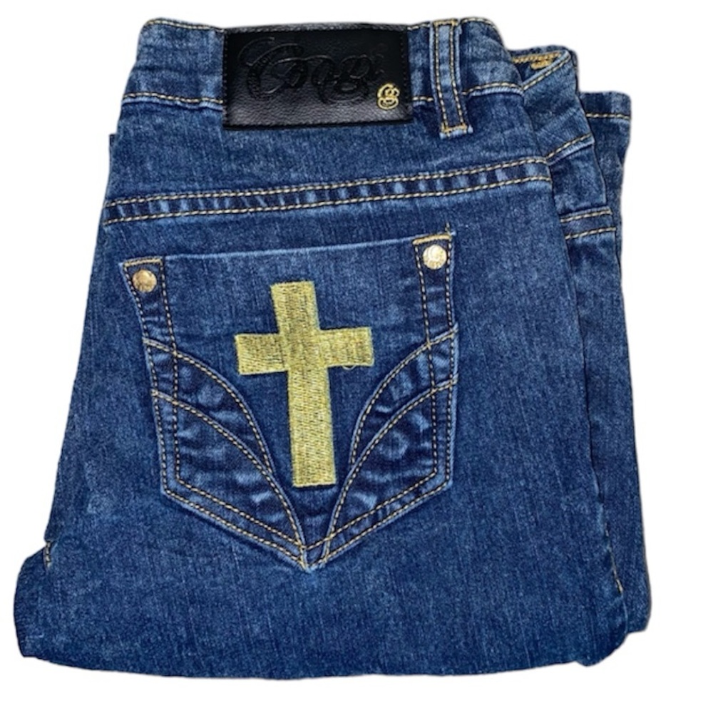 COOGI embroidered gold cross rhinestone jeans, size 7/8